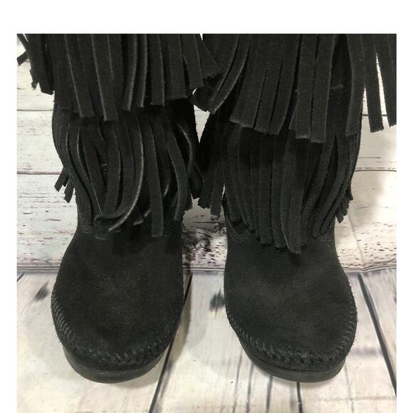 Minnetonka 3-Layer Black Fringe Boot 12" tall cowgirl western size 7 - Picture 6 of 13